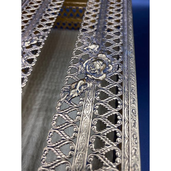 Vintage Gold Filigree Rose Tissue Box Cover Silver MCM Hollywood Regency - Picture 12 of 14